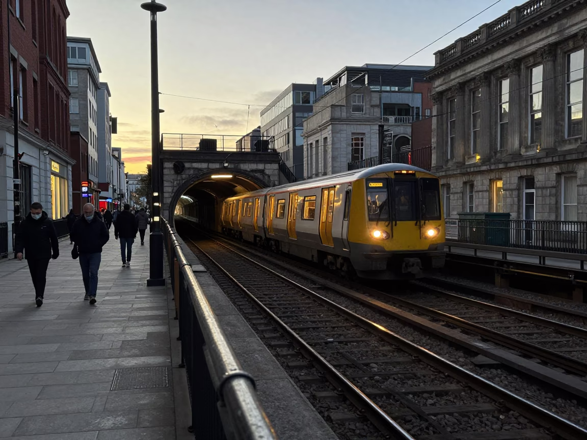 Early Evening Liverpool Street Scene with Metro Train Emerging from Tunnel in in Liverpool, United Kingdom