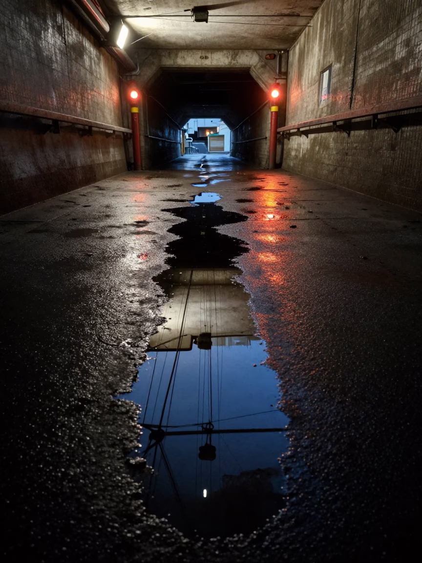 Early Evening London Service Tunnel Sump Reflecting Blinking Indicators and Pipework in in London, United Kingdom