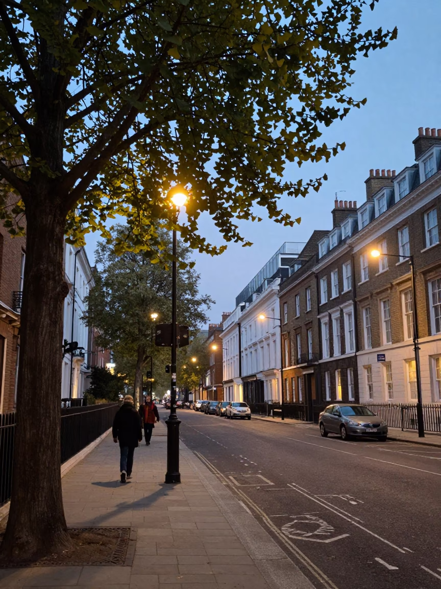 Early Evening London Street Scene with Ginkgo Tree and Urban Life in in London, United Kingdom