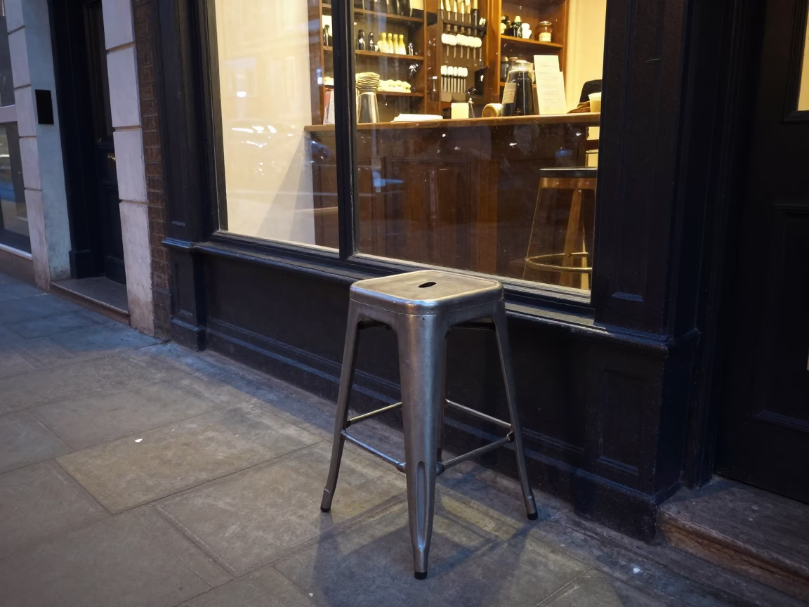 Early Evening London Street Scene with Kitchen Stool and Tart Tin in in London, United Kingdom