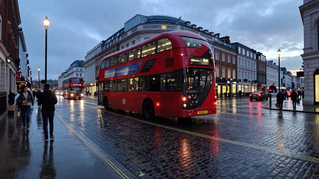 Early Evening London Street Scene with Red Bus and Umbrella Vendor in in London, United Kingdom