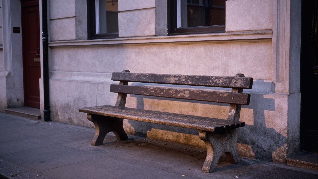 Early Evening London Street Scene with Stone Bench and Wall Sconce in United Kingdom in in London, United Kingdom