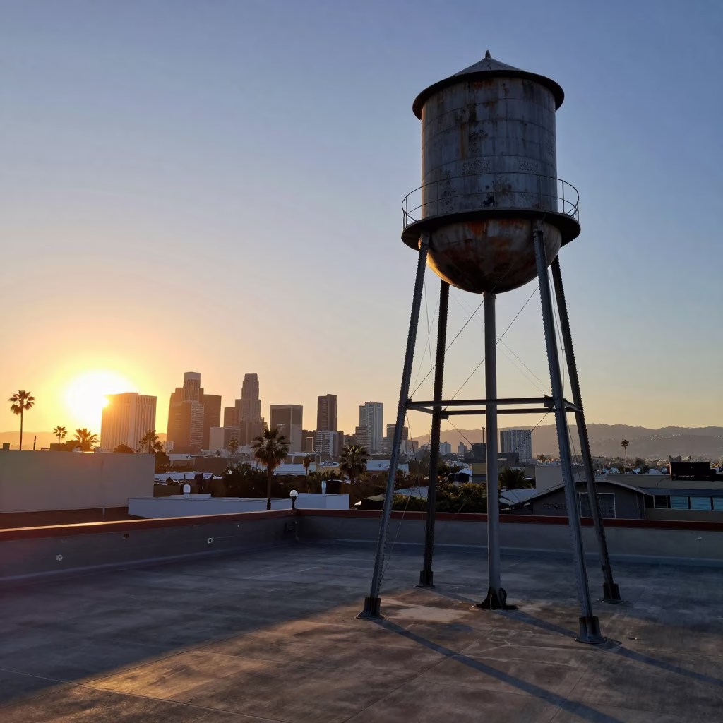Early Evening Los Angeles Rooftop Water Tower and City Skyline View in in Los Angeles, California, United States