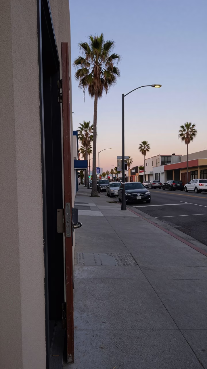Early Evening Los Angeles Street Scene with Doorframe and Urban Details in in Los Angeles, California, United States