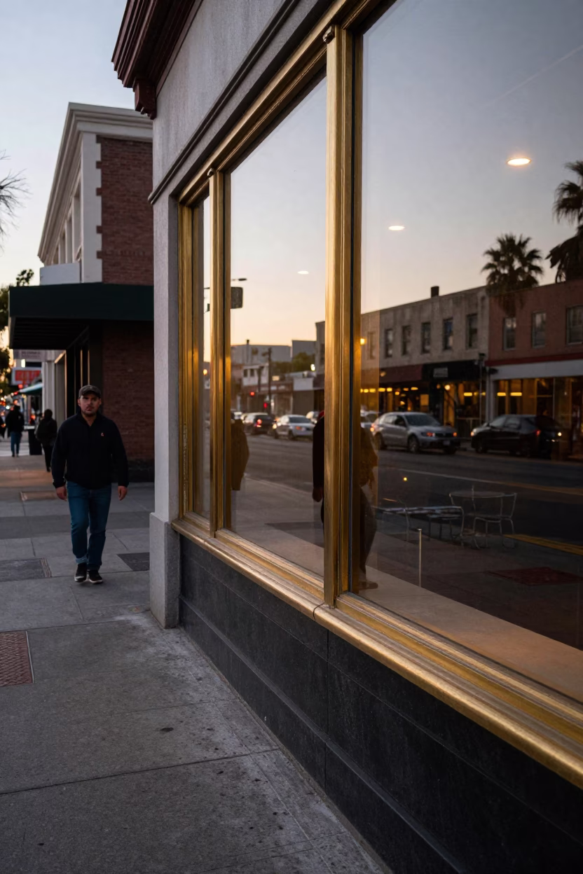 Early Evening Los Angeles Street Scene with Polished Brass and Glass Details in in Los Angeles, California, United States