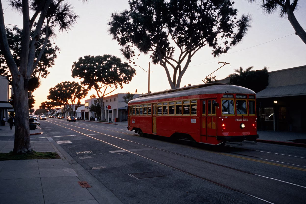 Early Evening Los Angeles Street Scene with Tramcar on Tree-Lined Boulevard in in Los Angeles, California, United States