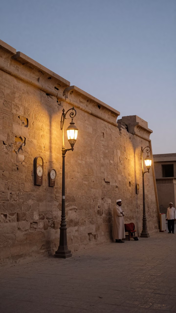 Early Evening Luxor Egypt Street Scene with Lantern and Crumbling Weather Station Instruments in in Luxor, Egypt
