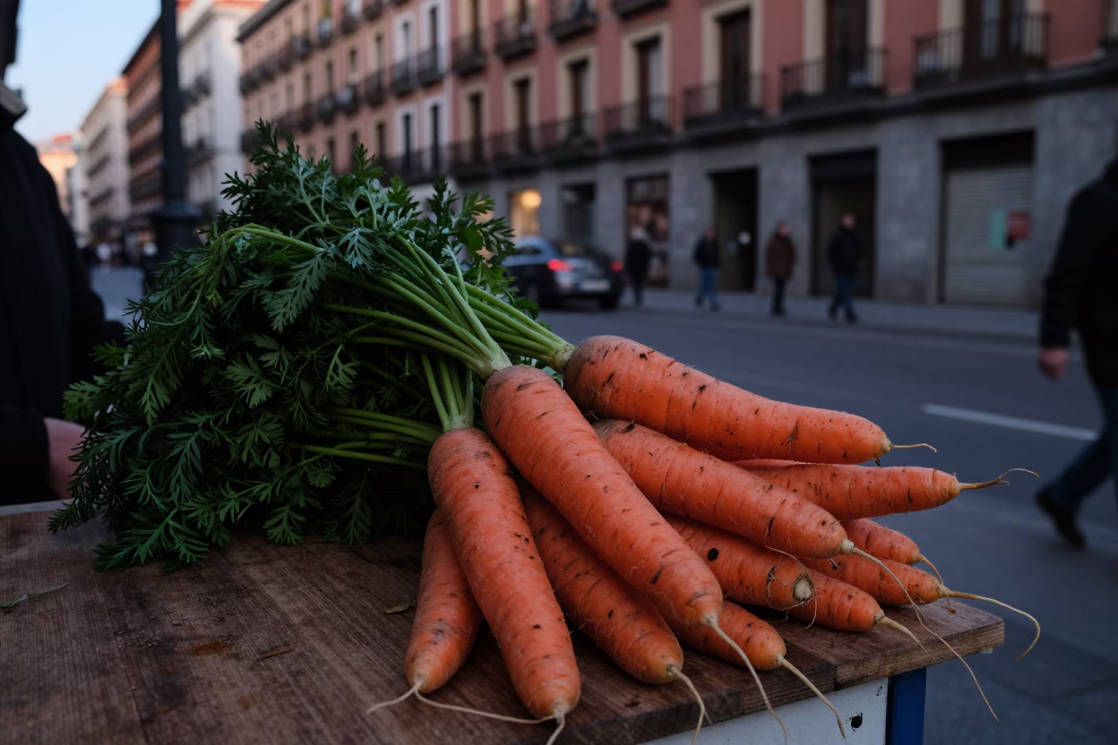 Early Evening Madrid Street Scene with Carrots and Leaf Shadows in in Madrid, Spain