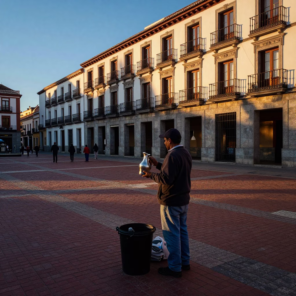 Early Evening Madrid Street Scene with Cooler Jug and Local Interaction in in Madrid, Spain