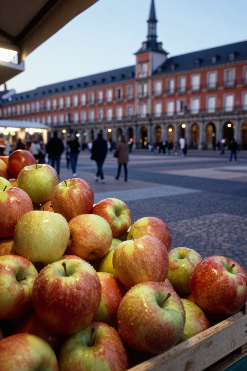 Early Evening Madrid Street Scene with Fresh Apples at Local Market Stall in in Madrid, Spain
