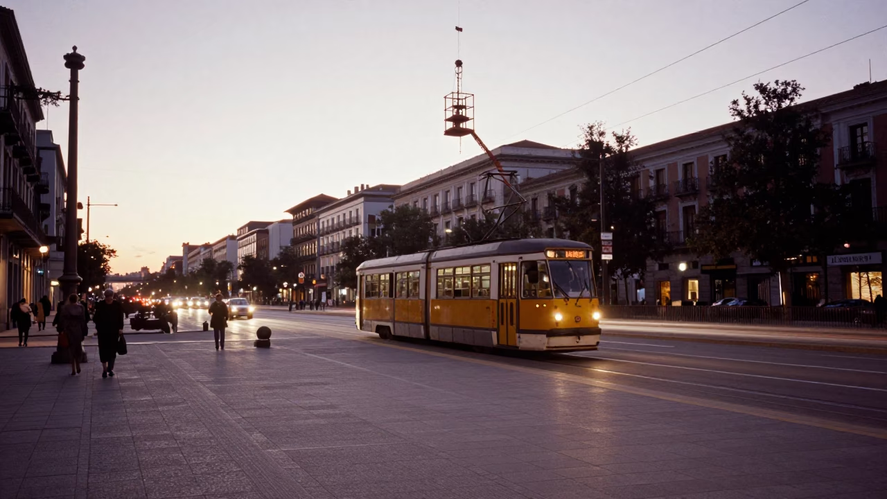 Early Evening Madrid Street Scene with Tram and Bridge Maintenance Cage in in Madrid, Spain