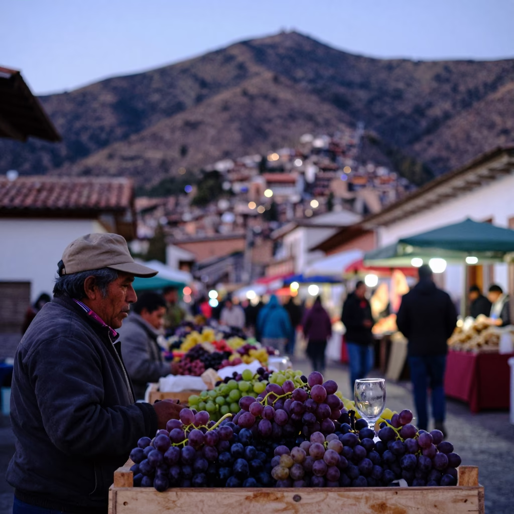 Early Evening Market Scene in La Paz Bolivia with Grapes and Glass Bottles in in La Paz, Bolivia