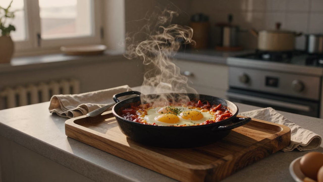 Early Evening Marseille Kitchen Scene with Shakshouka and Linen Runner in in Marseille, France