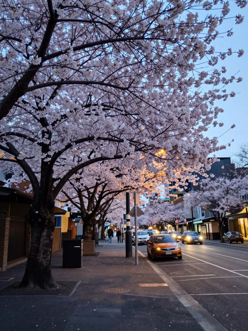 Early Evening Melbourne Street Scene with Cherry Blossoms and Tram Tracks in in Melbourne, Victoria, Australia