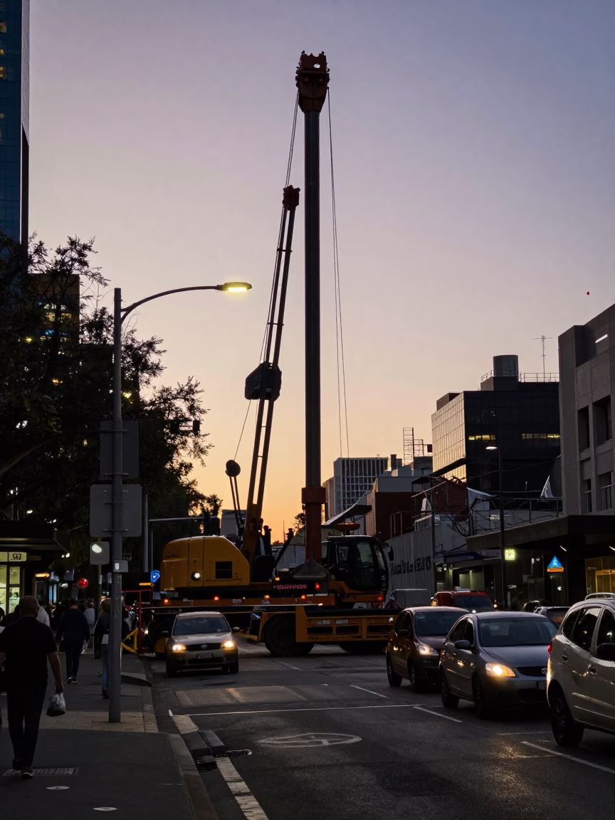 Early Evening Melbourne Street Scene with Pile Driver Construction and Vintage Atmosphere in in Melbourne, Victoria, Australia