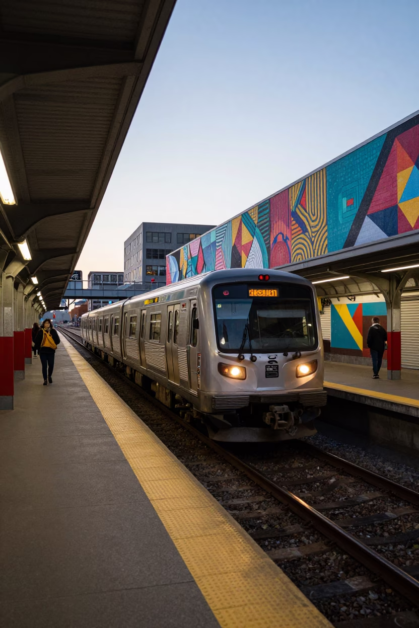 Early Evening Metro Train Arriving at Art-Adorned Station in Downtown Toronto Ontario Canada in in Toronto, Ontario, Canada