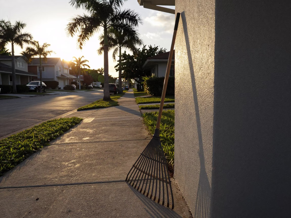 Early Evening Miami Florida Street Scene with Garden Rake and Shoebox in in Miami, Florida, United States