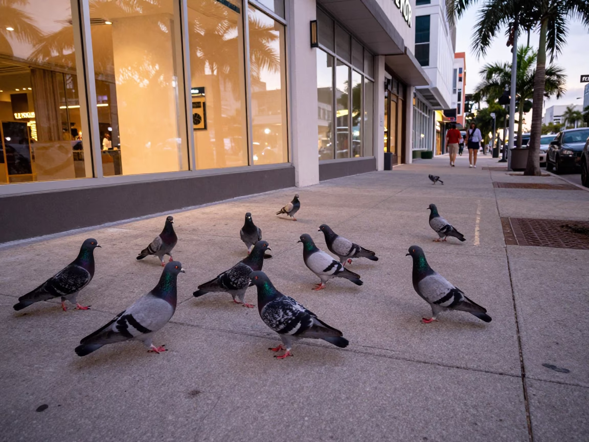 Early Evening Miami Florida Street Scene with Pigeons and Urban Details in in Miami, Florida, United States