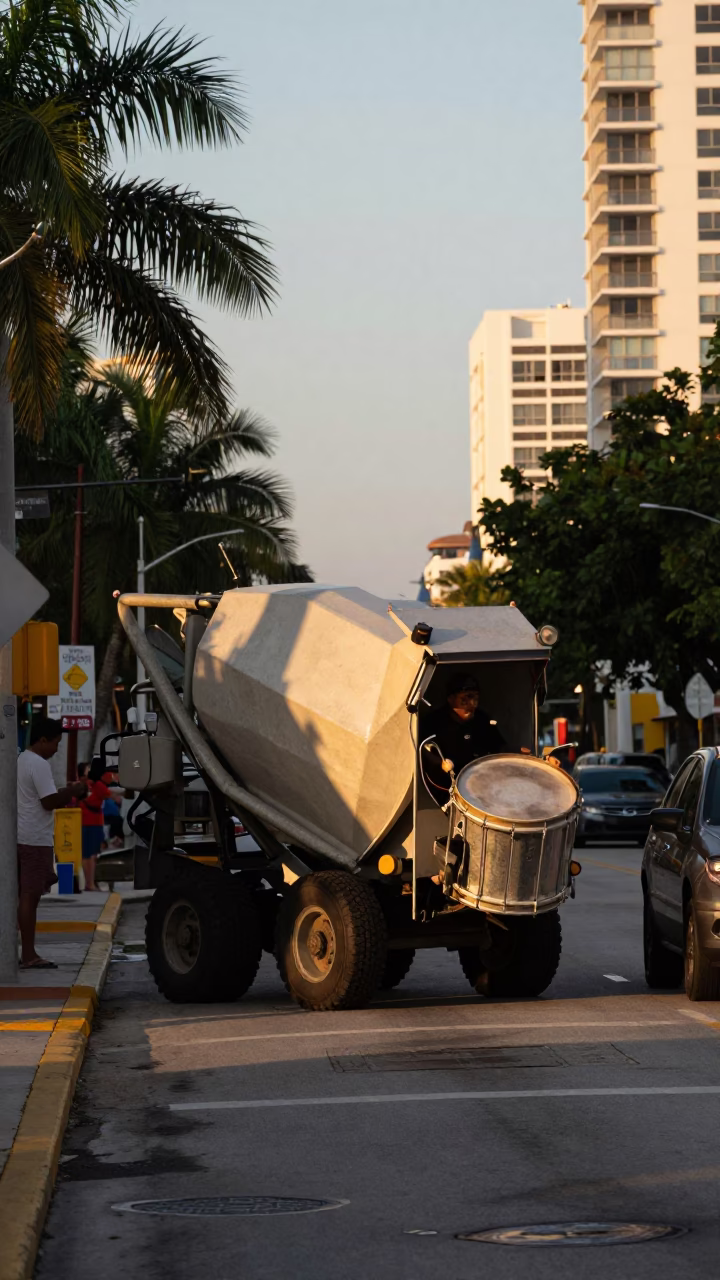 Early Evening Miami Street Scene with Cement Mixer and Local Urban Life in in Miami, Florida, United States