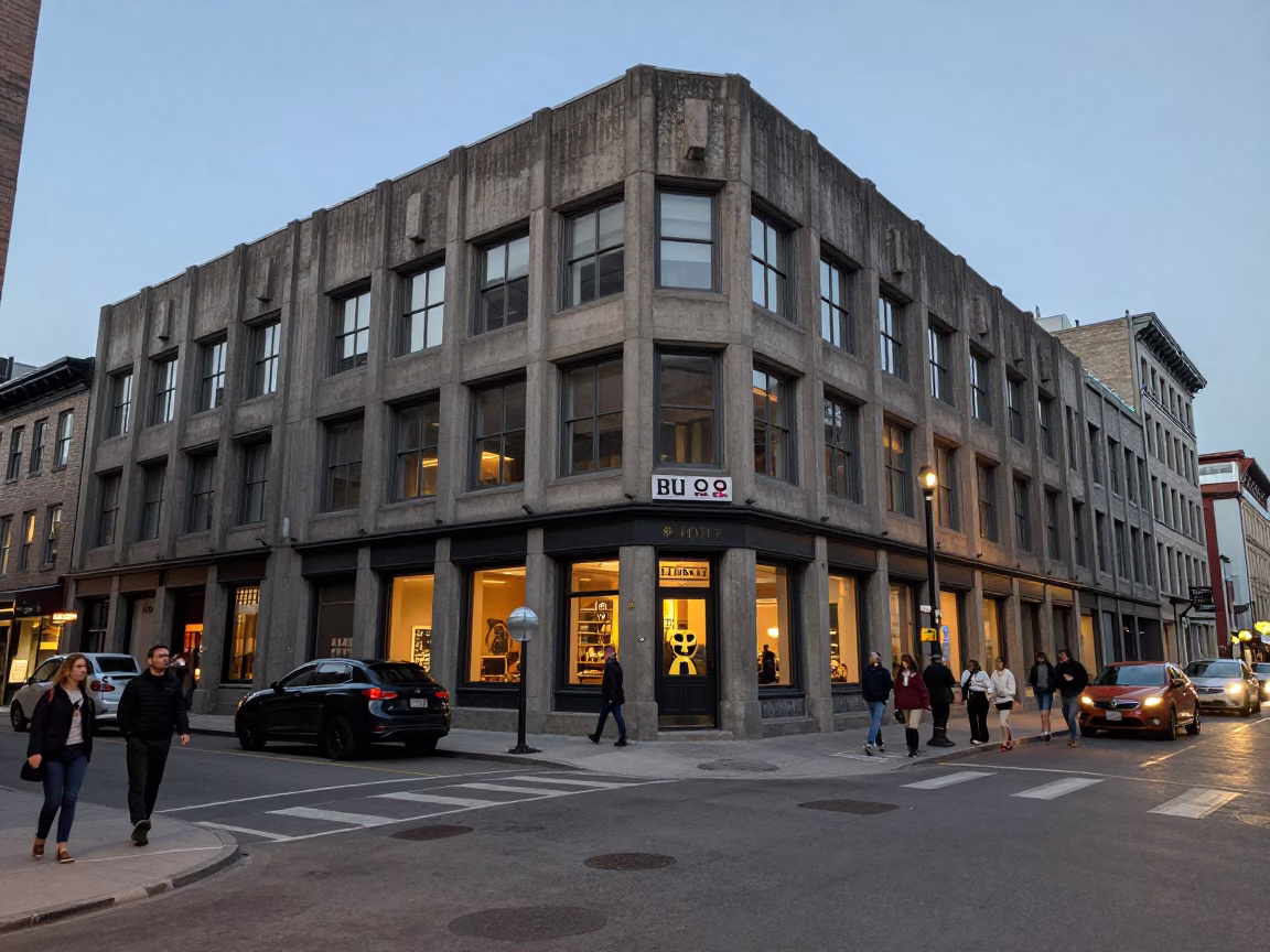 Early Evening Montreal Street Scene with Concrete Brutalist Architecture and Vintage Red Sports Car in in Montreal, Quebec, Canada