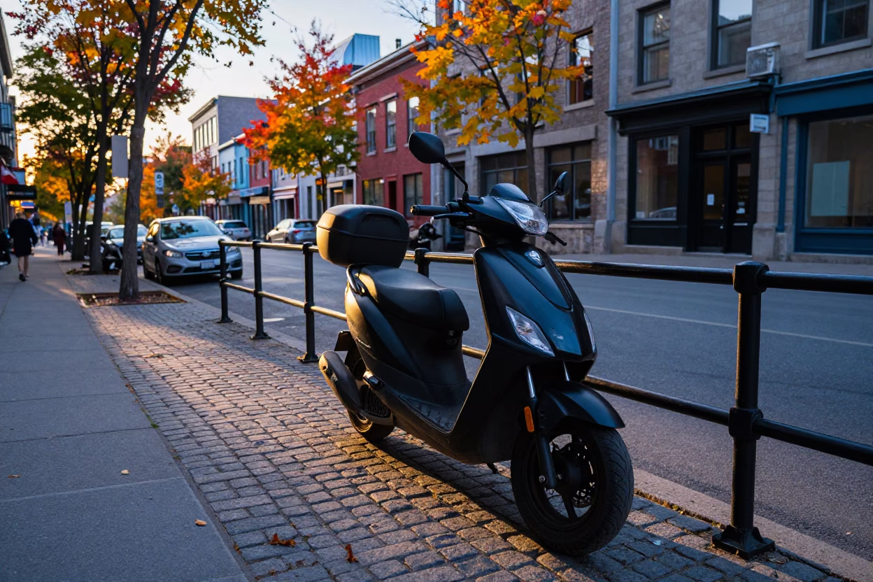 Early Evening Montreal Street Scene with Scooter and Autumn Leaves in in Montreal, Quebec, Canada