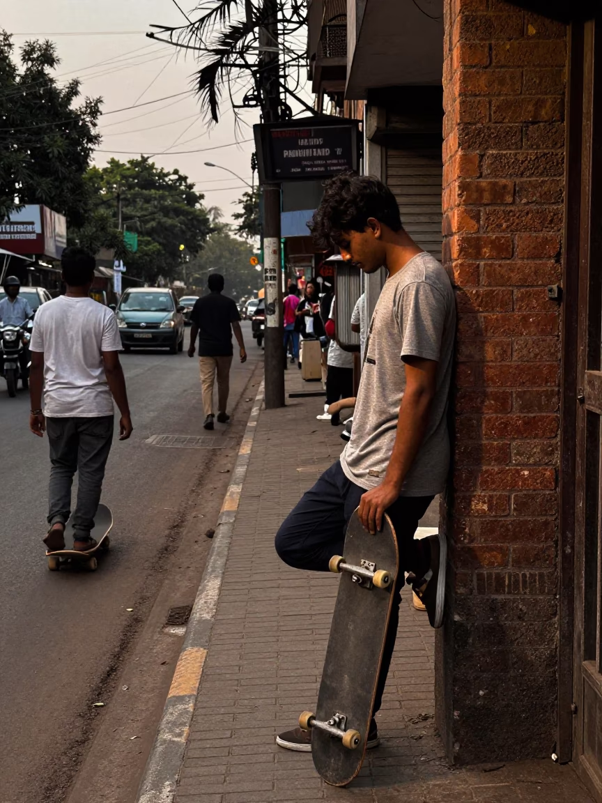 Early Evening Mumbai Street Scene with Skater and Local Life in in Mumbai, India