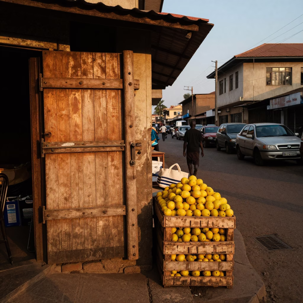 Early Evening Nairobi Street Scene with Wooden Latch and Lemons in in Nairobi, Kenya