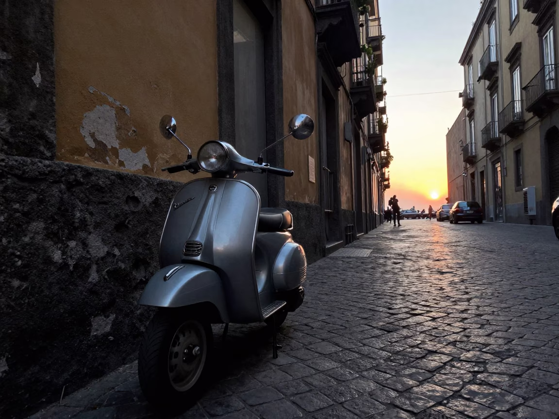 Early Evening Naples Italy Street Scene with Vespa and Local Life in in Naples, Italy