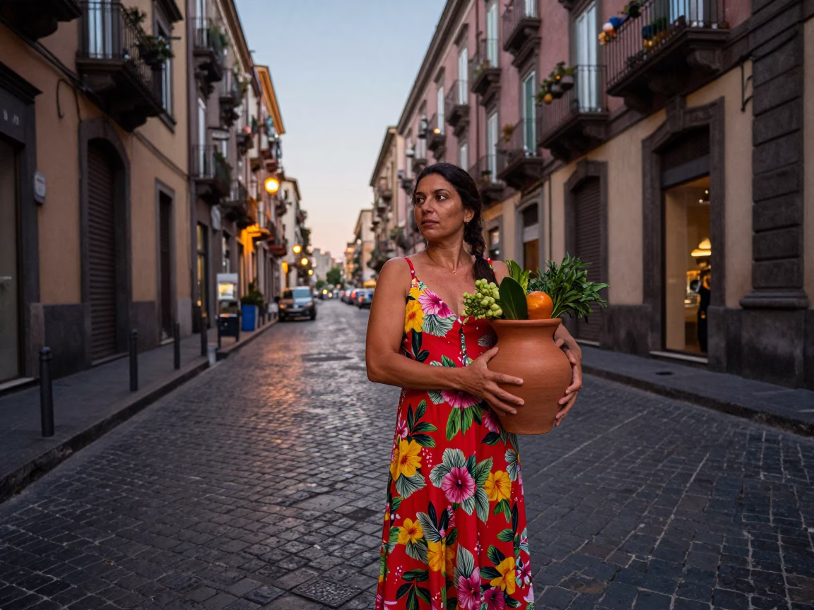 Early Evening Naples Street Scene with Clay Pot and Linen Fringe Detail in in Naples, Italy