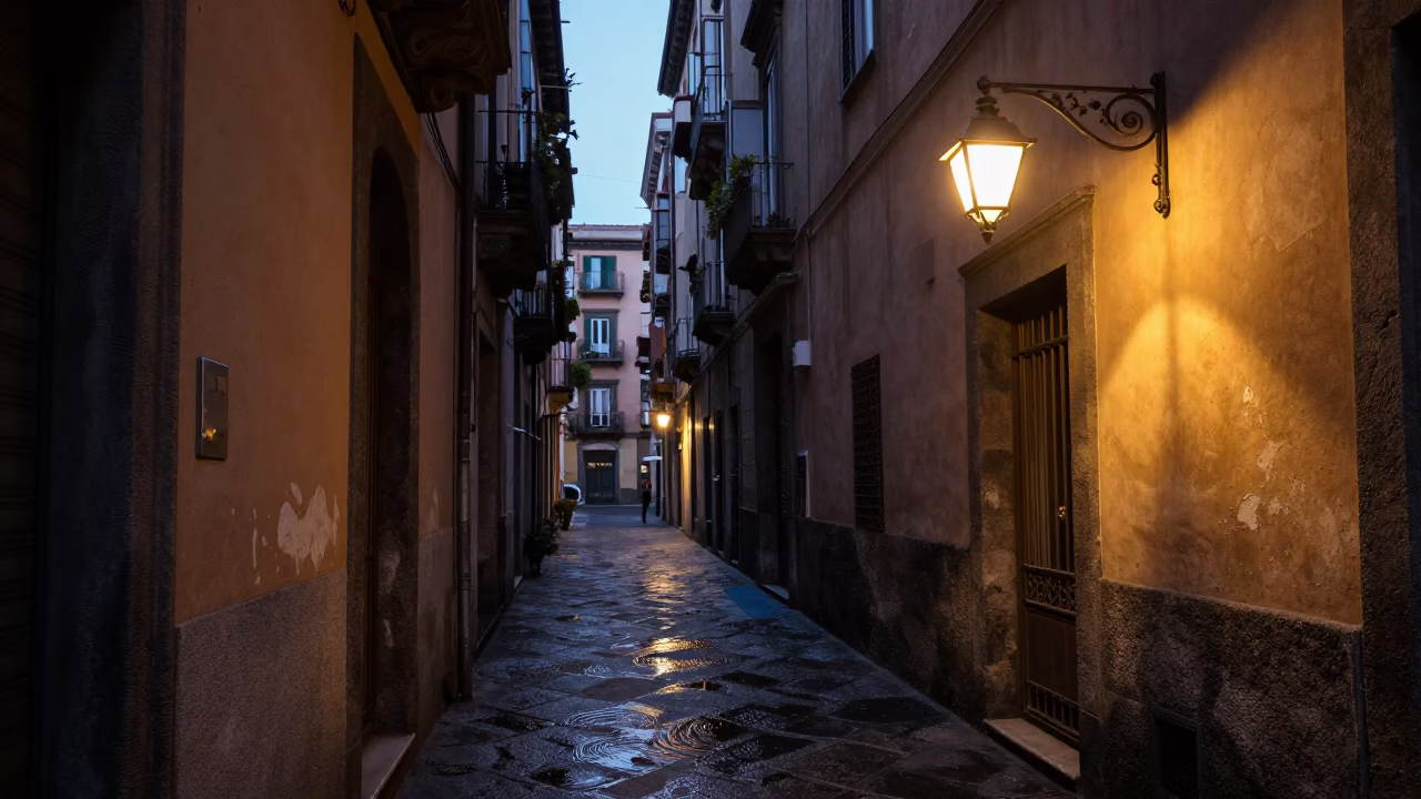 Early Evening Naples Street Scene with Lampshade and Water Rings on Railing in in Naples, Italy