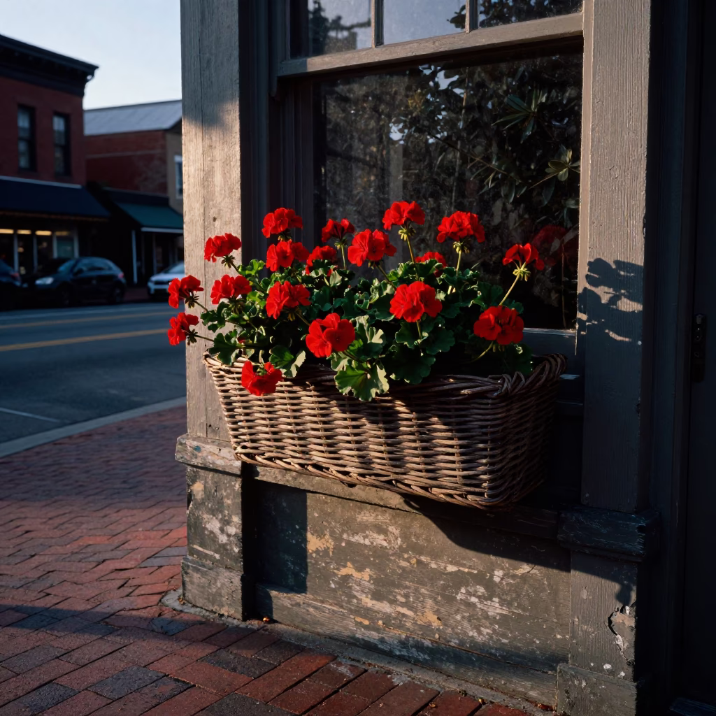 Early Evening Nashville Tennessee Street Scene with Geraniums and Wicker Shadows in in Nashville, Tennessee, United States