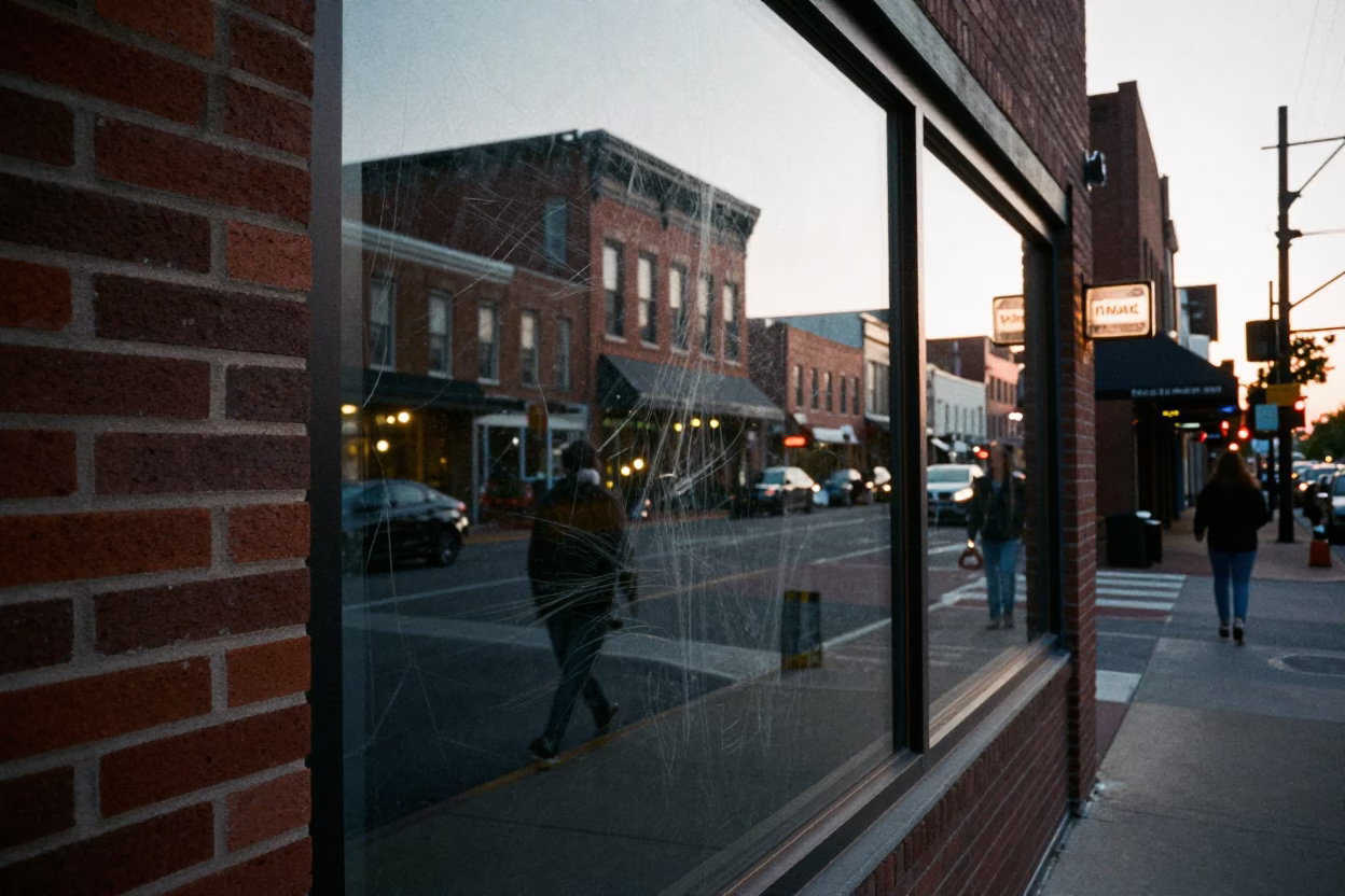 Early Evening Nashville Tennessee Street Scene with Scratched Window Glass and Local Urban Details in in Nashville, Tennessee, United States