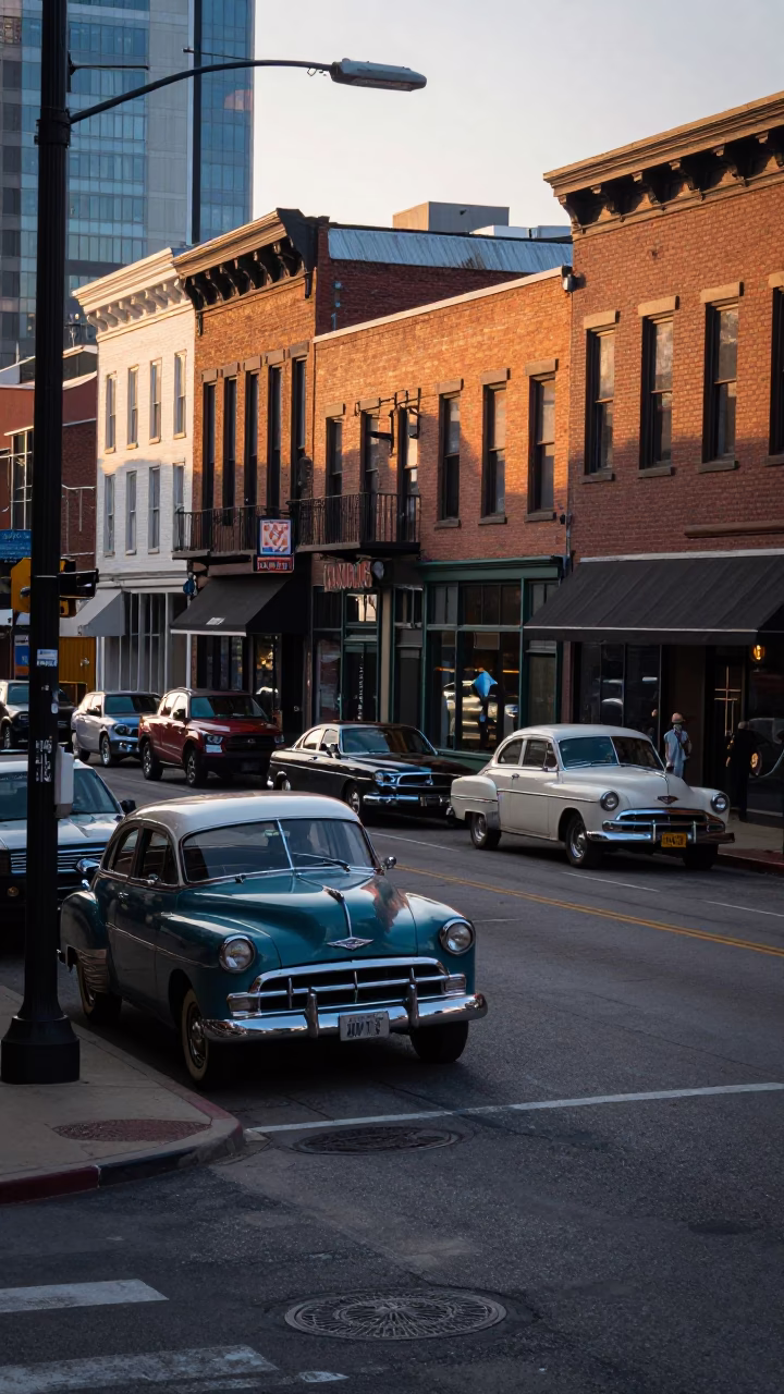 Early Evening Nashville Tennessee Street Scene with Vintage Cars and Brick Buildings in in Nashville, Tennessee, United States