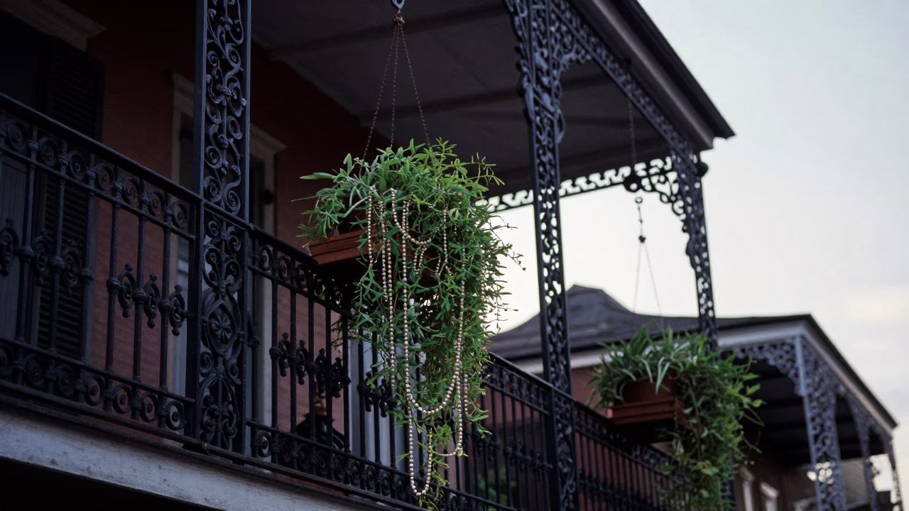 Early Evening New Orleans Balcony Scene with Hanging Plants and Ironwork Details in in New Orleans, Louisiana, United States