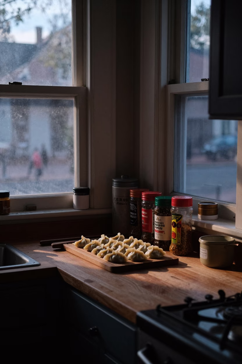 Early Evening New Orleans Kitchen with Spice Jars and Dumplings in in New Orleans, Louisiana, United States