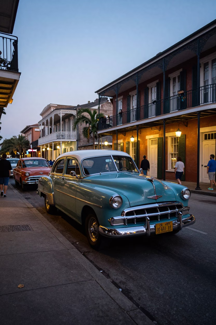 Early Evening New Orleans Street Scene with Vintage Car and Local Interaction in in New Orleans, Louisiana, United States