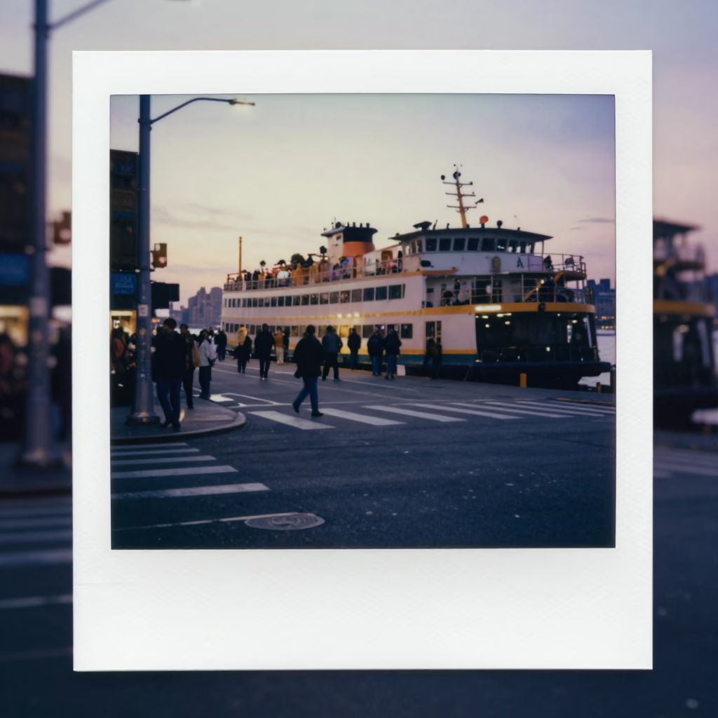 Early Evening New York City Street Scene with Ferry Dock and Urban Life in in New York, New York, United States