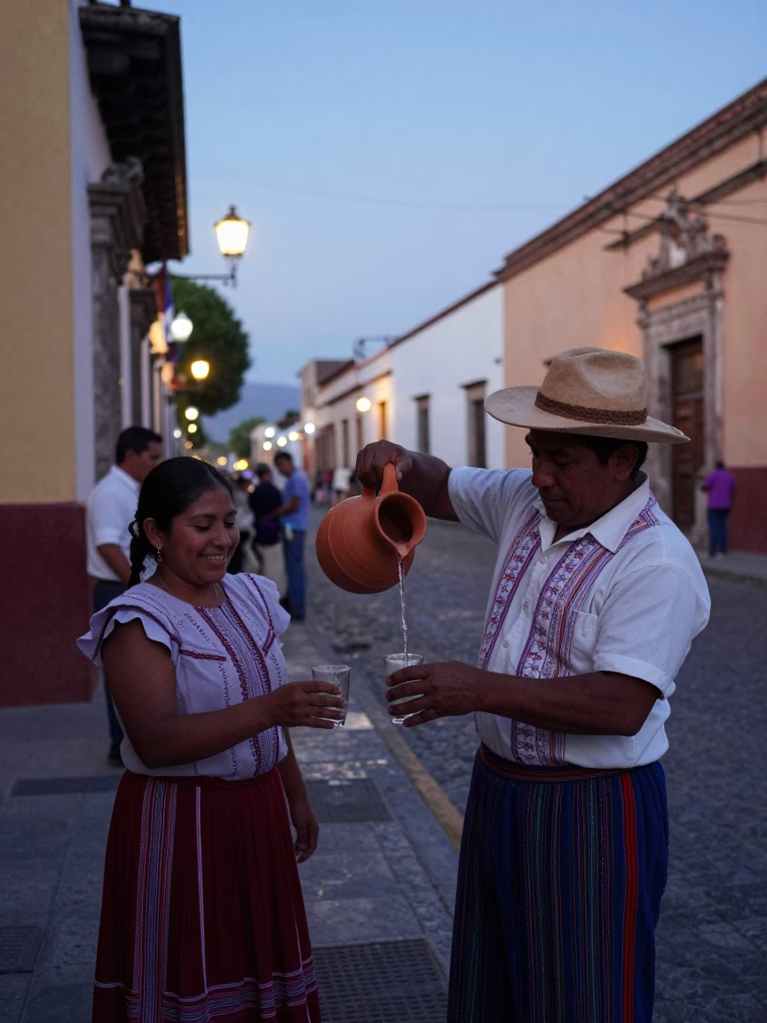 Early Evening Oaxaca Street Scene with Pitcher and Local Market Life in in Oaxaca, Mexico