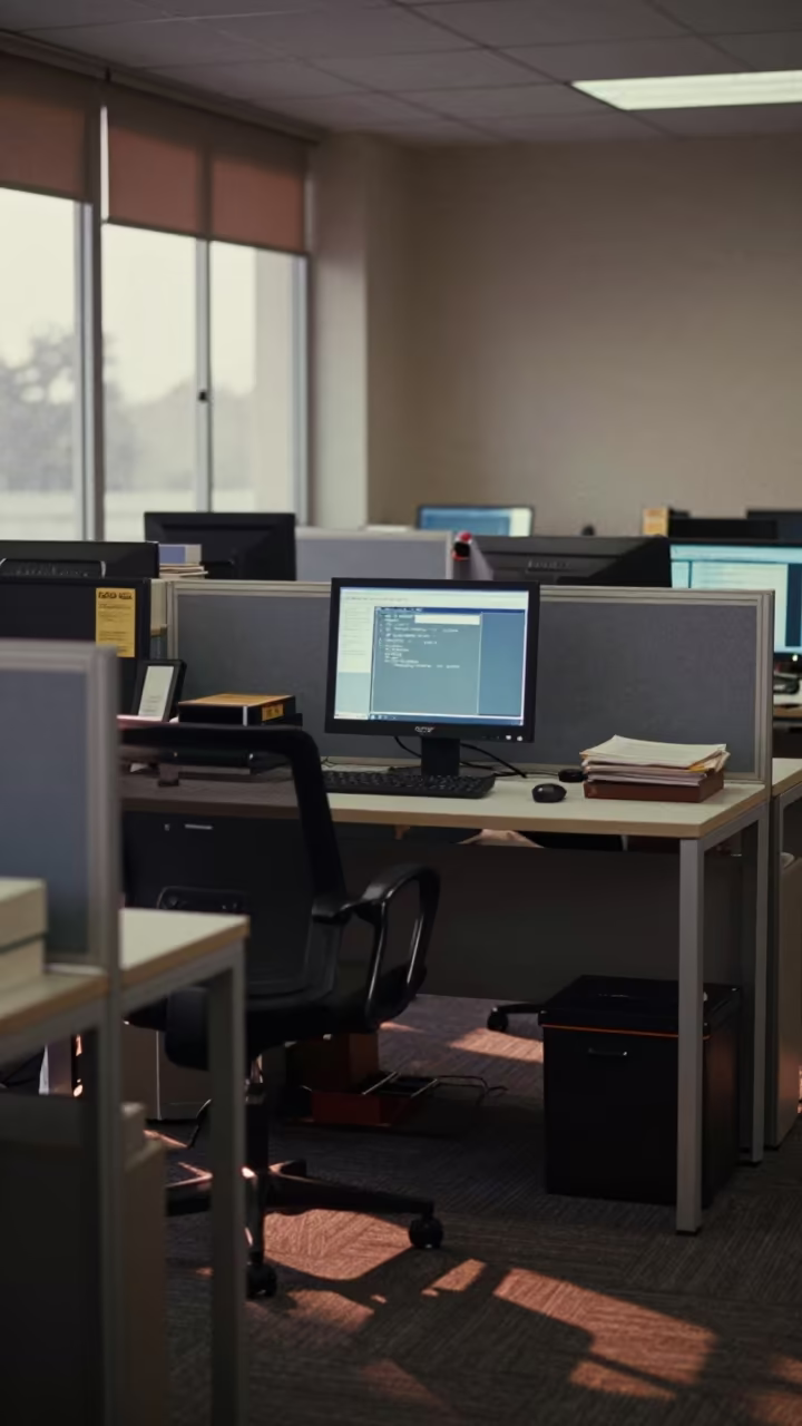 Early Evening Office Desk with Sunlight in inside an open-plan office bay in Thane