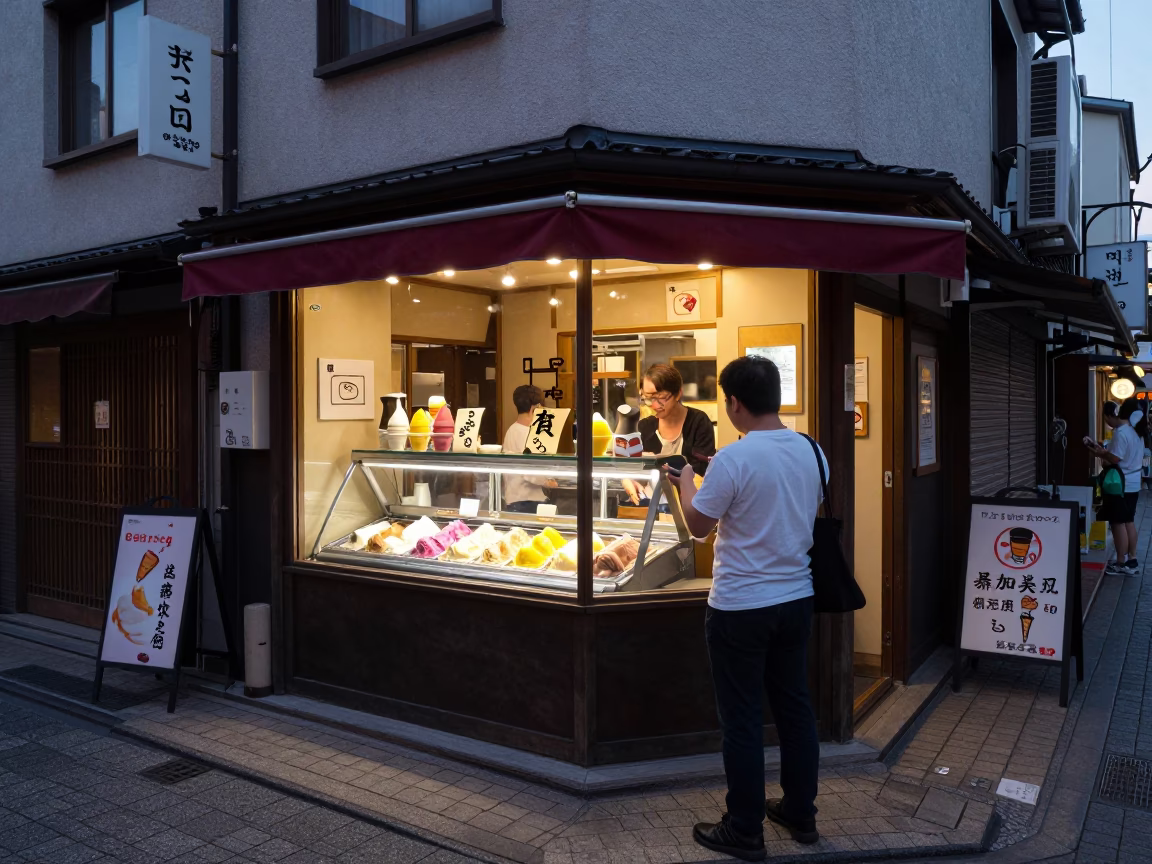 Early Evening Osaka Street Scene with Gelato Display and Twine Spool Detail in in Osaka, Japan