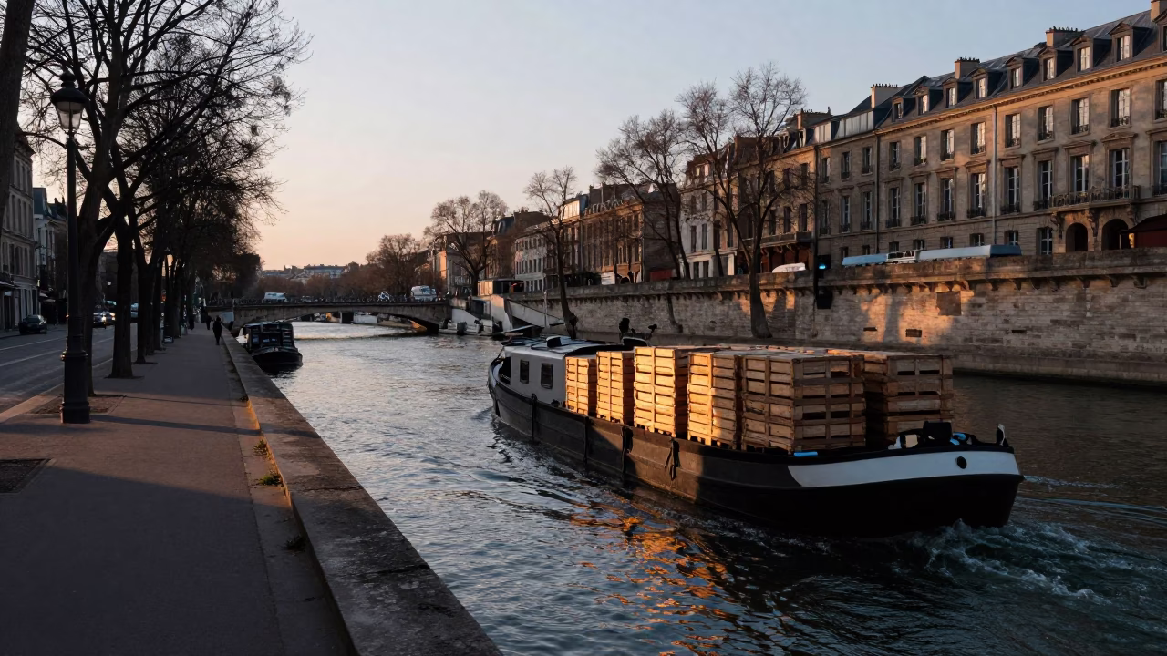 Early Evening Paris Street Scene with Canal Barge Cargo and Vintage Atmosphere in in Paris, France