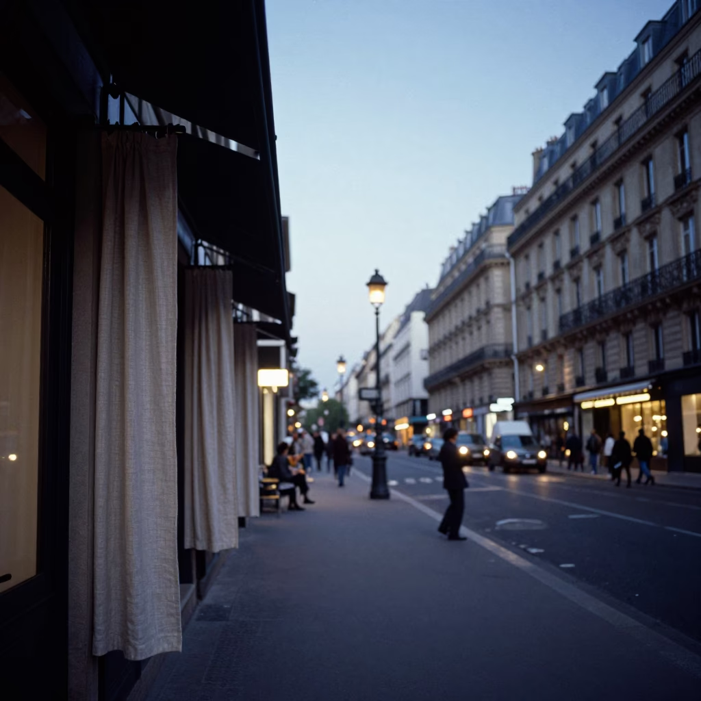 Early Evening Paris Street Scene with Linen Curtains and Urban Architecture in in Paris, France
