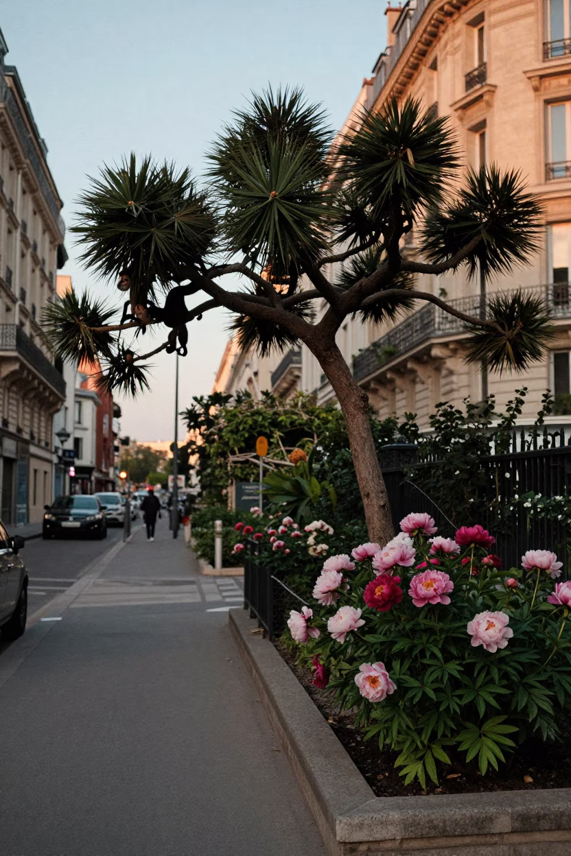Early Evening Paris Street Scene with Monkey Puzzle Tree and Garden Peonies in in Paris, France