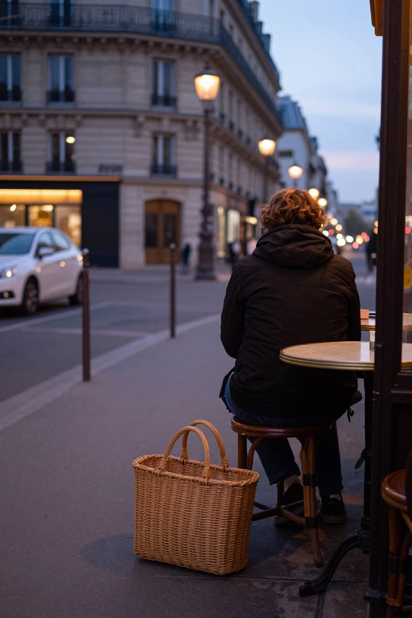 Early Evening Paris Street Scene with Wicker Bag and Metal Latch Detail in in Paris, France