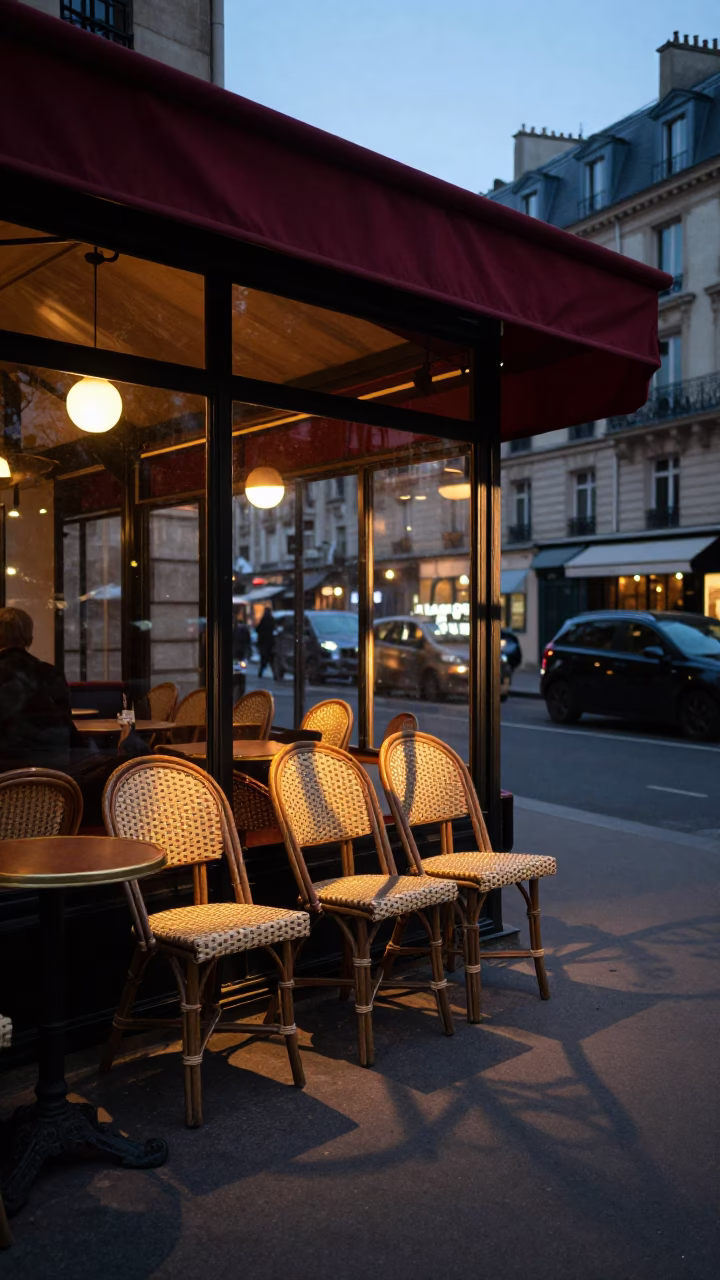 Early Evening Paris Street Scene with Wicker Shadow on Window Glass and Dahlia Blooms in in Paris, France