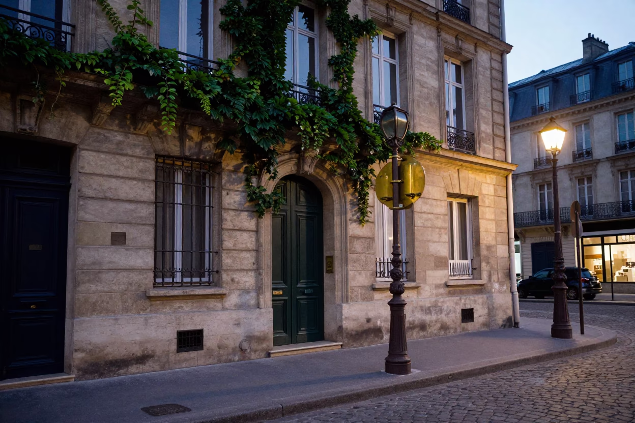 Early Evening Parisian Street Scene with Vintage Brass Microscope and Ivy Vines in in Paris, France