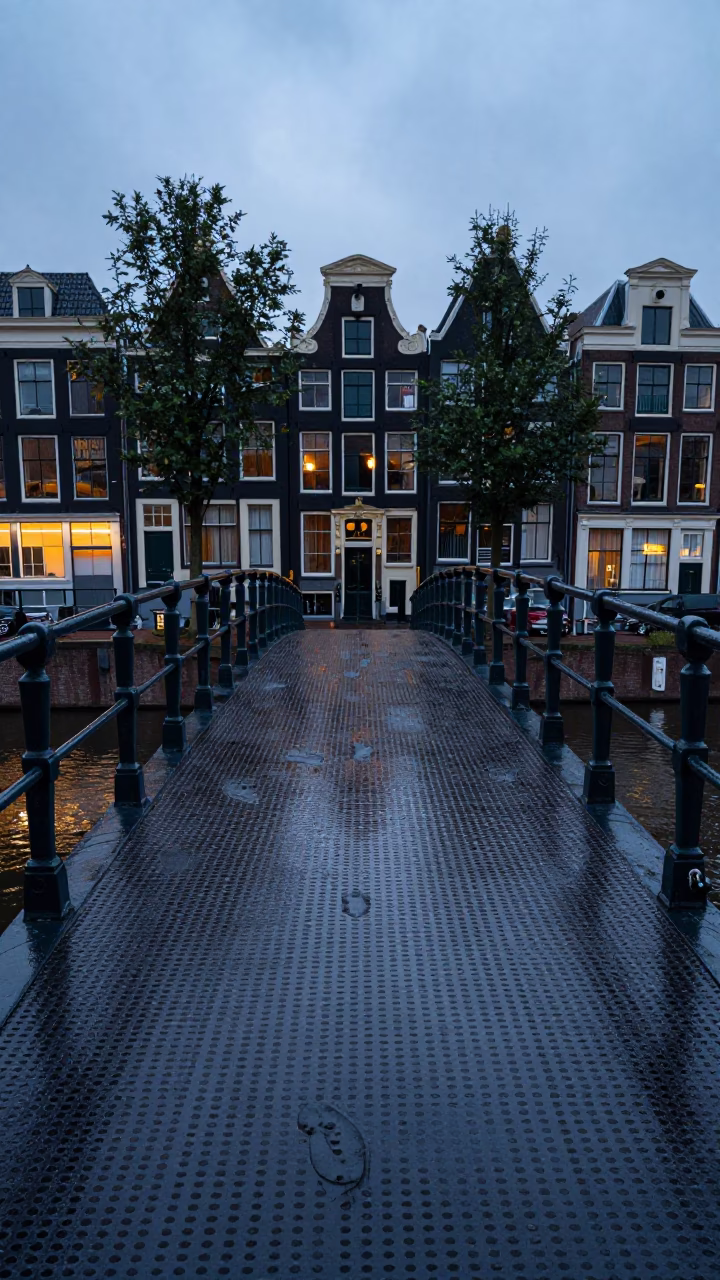 Early Evening Pedestrian Overpass in Amsterdam with Wet Footsteps and Urban Horizon in in Amsterdam, Netherlands