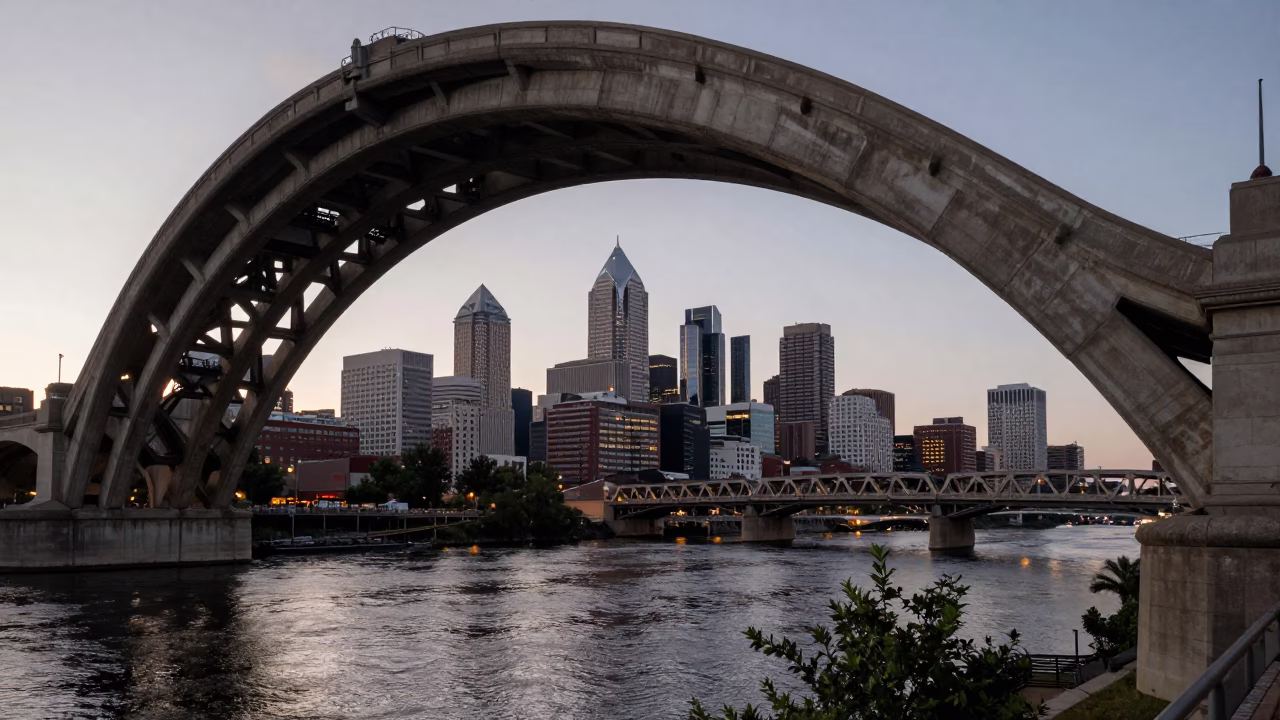 Early Evening Philadelphia Skyline and Schuylkill River Viaduct Arch Undercroft with Dripping Ferny Stone in in Philadelphia, Pennsylvania, United States