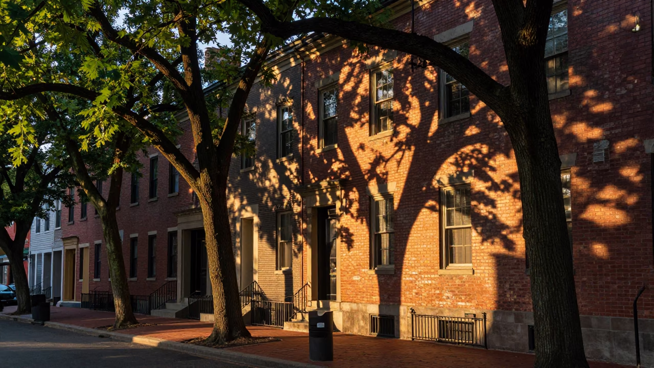 Early Evening Philadelphia Street Scene with Leaf Shadows and Brass Details in in Philadelphia, Pennsylvania, United States