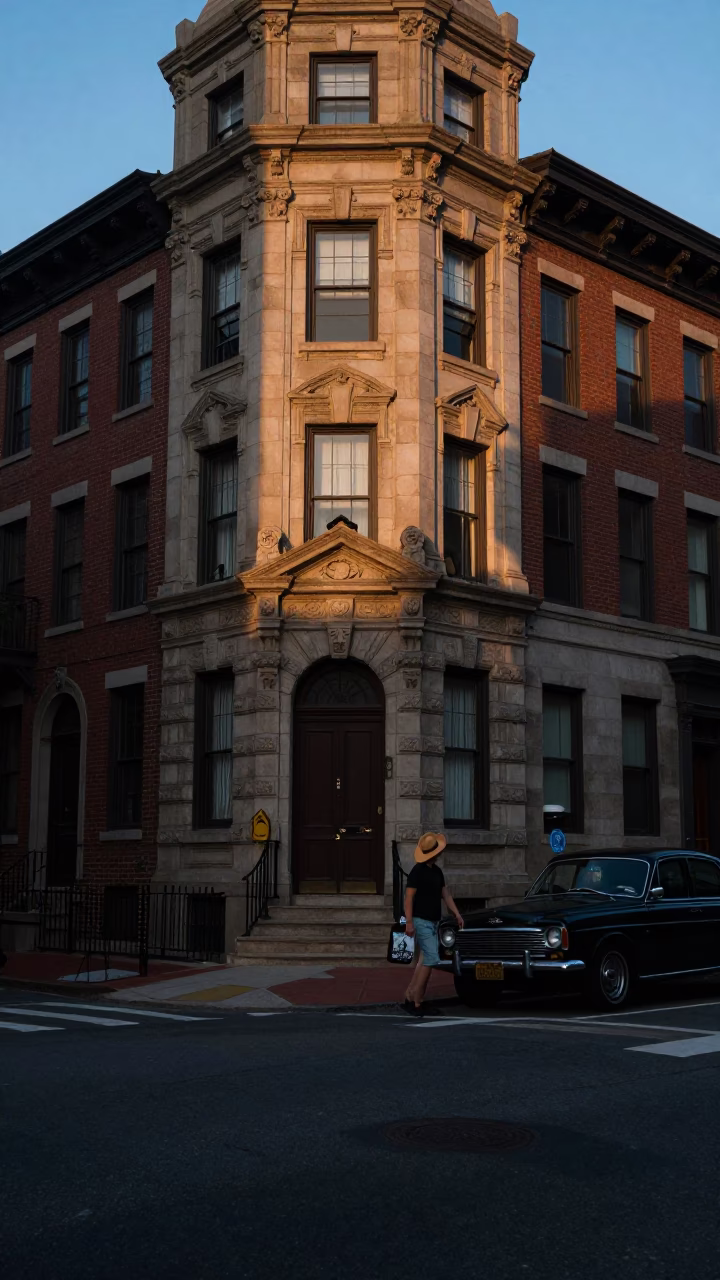 Early Evening Philadelphia Street Scene with Straw Hat and Urban Architecture in in Philadelphia, Pennsylvania, United States